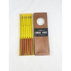 Vtg stainless steel fondue forks wood handles set of 6 Japan mid century kit